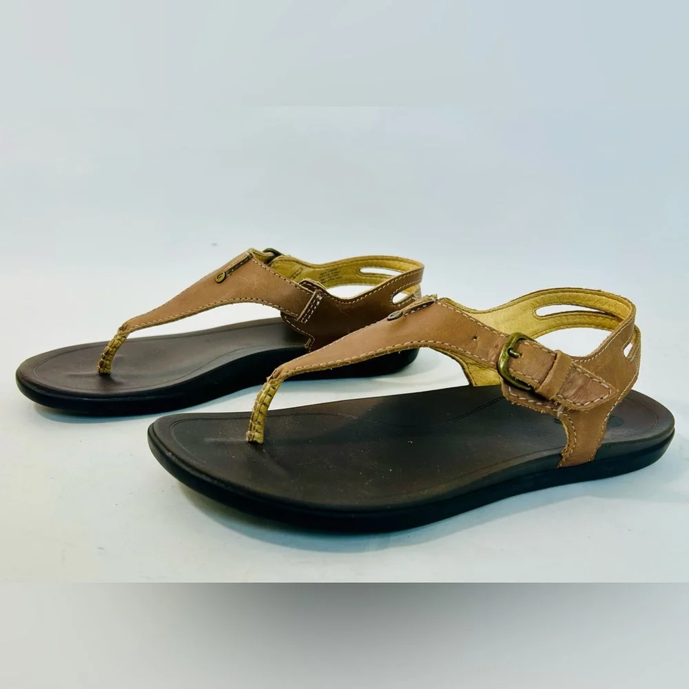 OluKai 'Eheu Thong Sandal in Kona Coffee Brown Leather size 6 - Picture 3 of 9